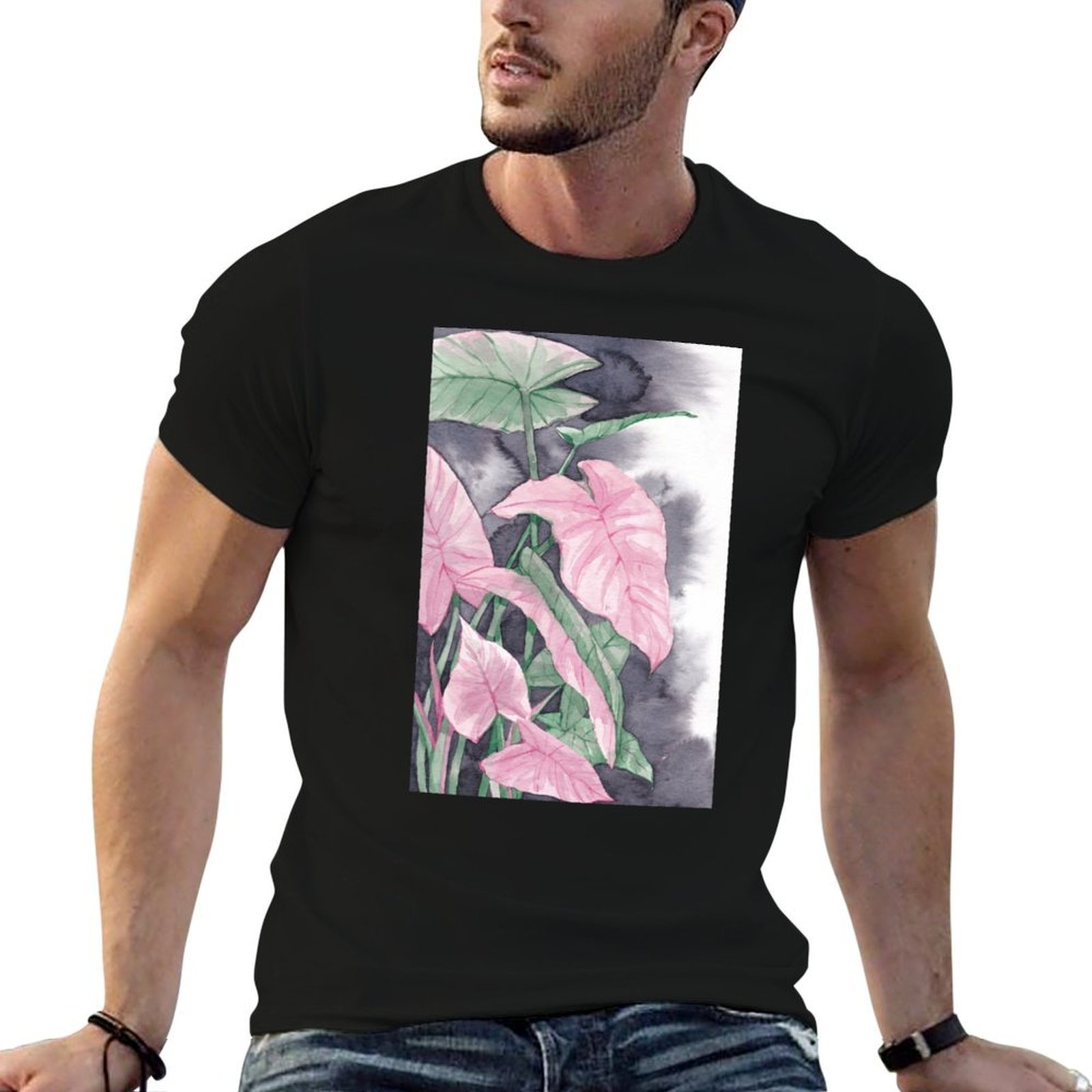 Syngonium Pink - Pink Syngonium Watercolor Painting T-Shirt Work
