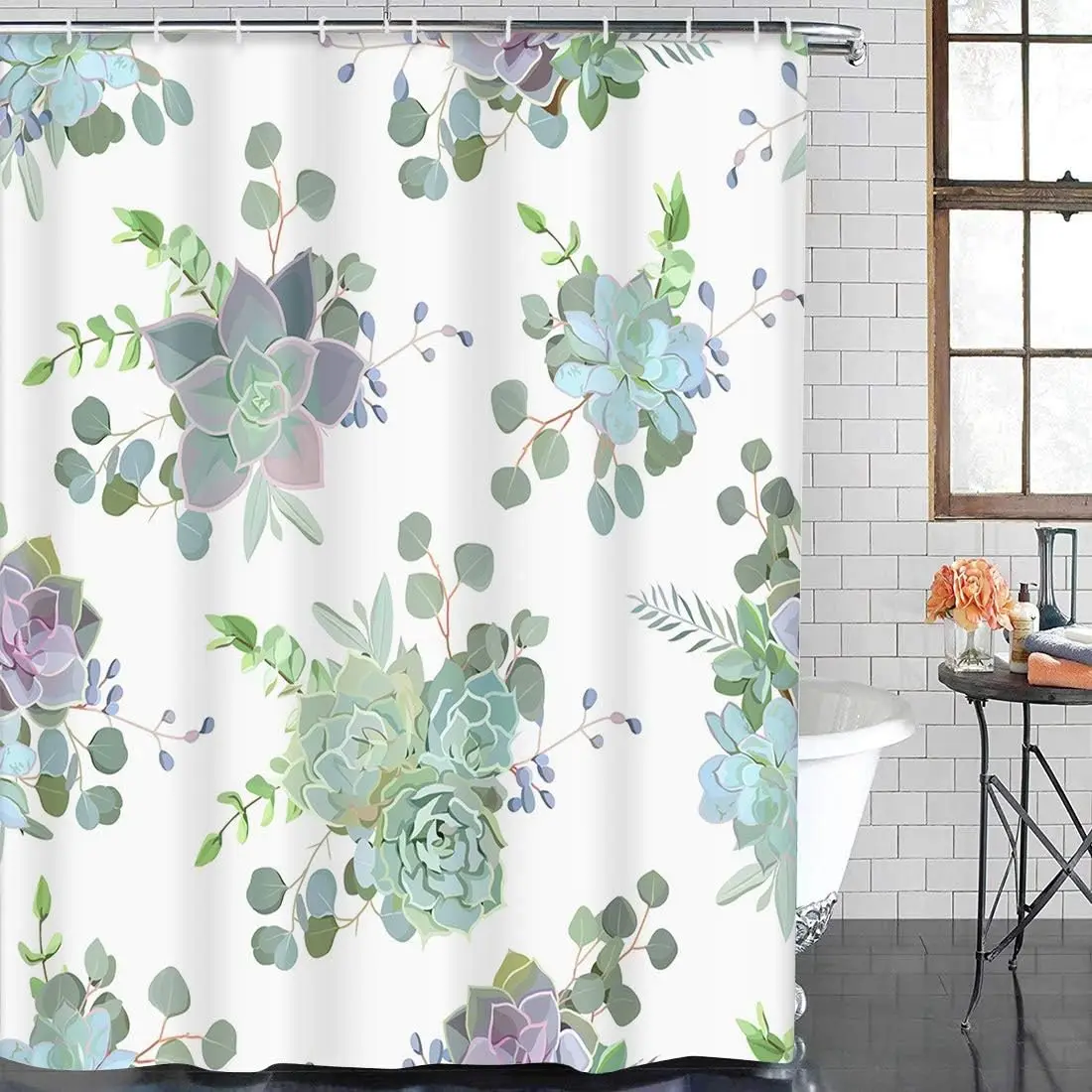 Shower Curtain Flower Green Co - Echeveria Succulent 리뷰 및 가격